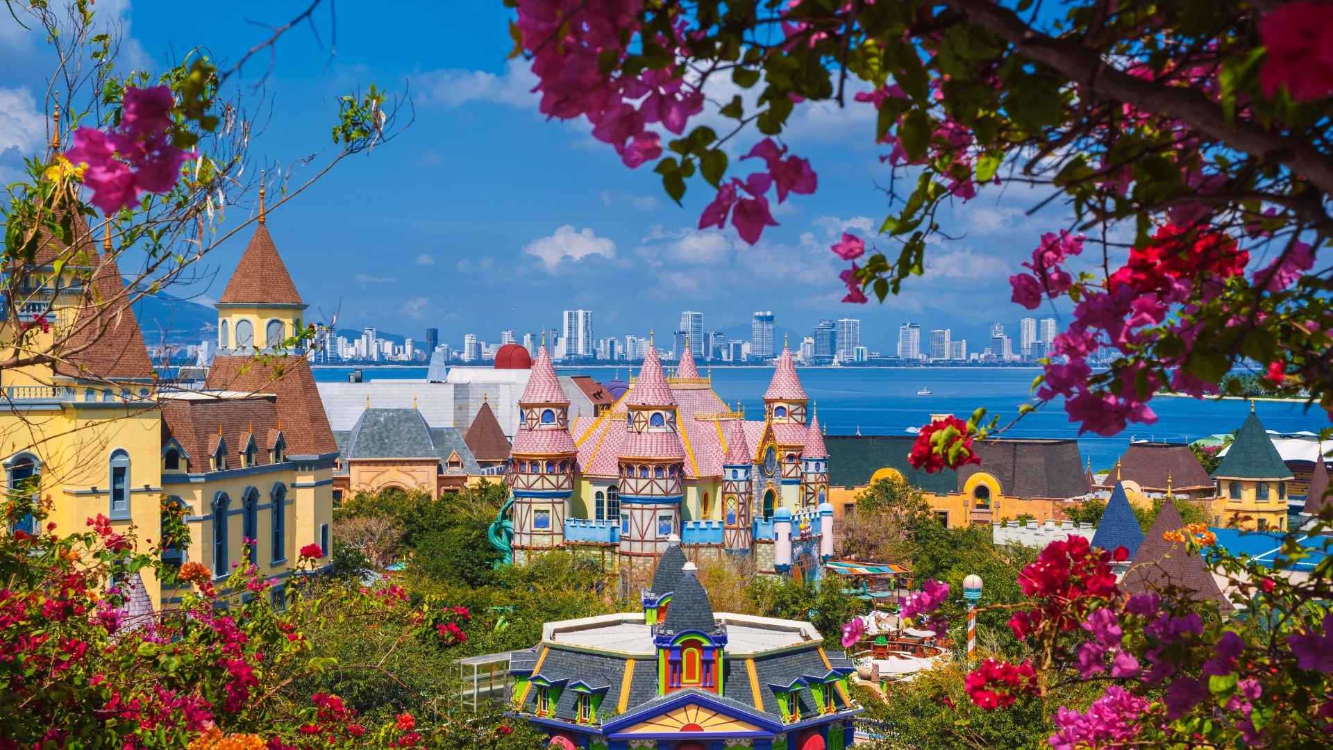 Beautiful landscape of Vinpearl Island with VinWonders Amusement Park with fantastic castles in Nha Trang in Vietnam