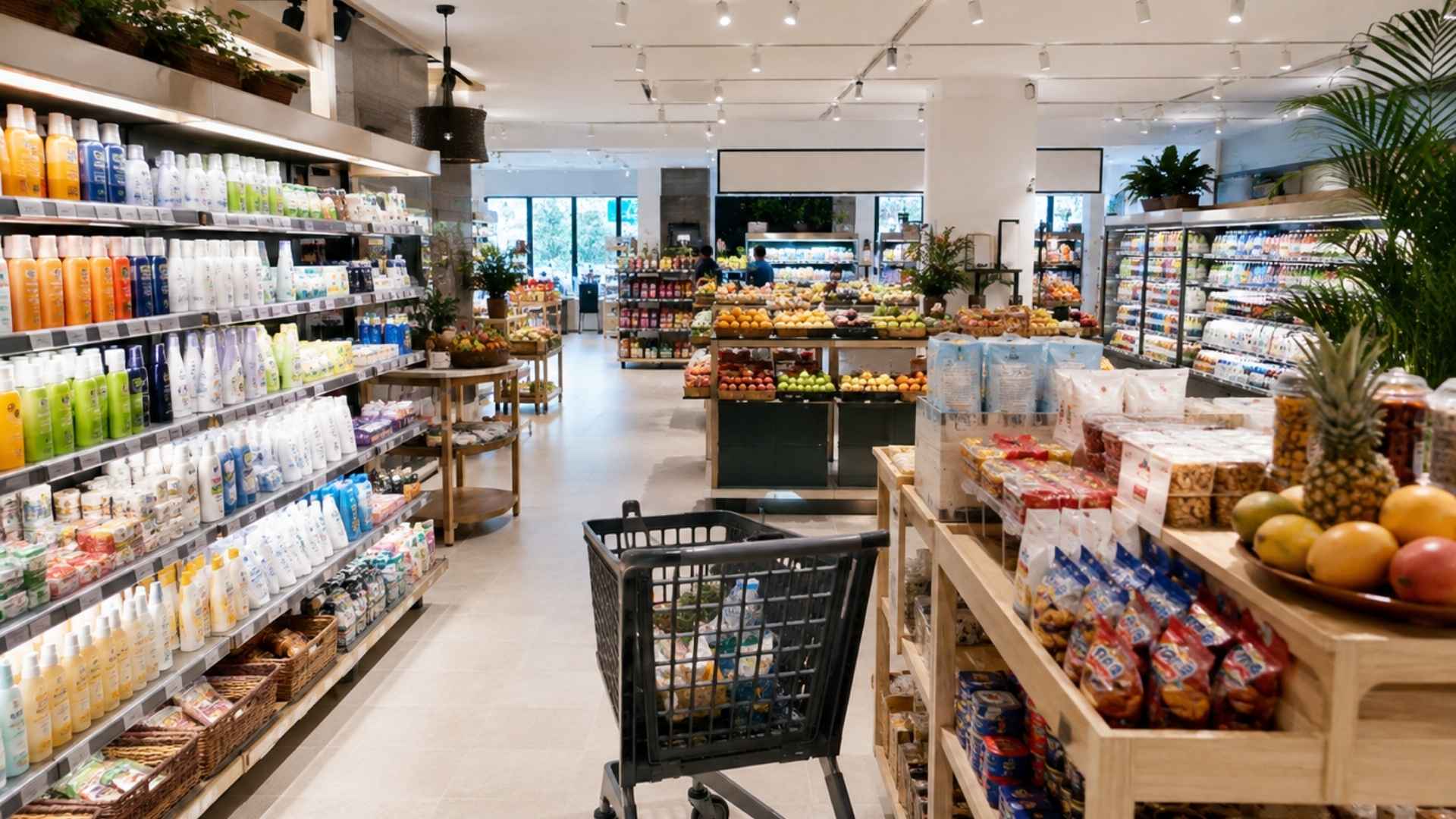 Supermarket aisle with groceries, fresh produce and travel essentials in vincom plaza Nha Trang