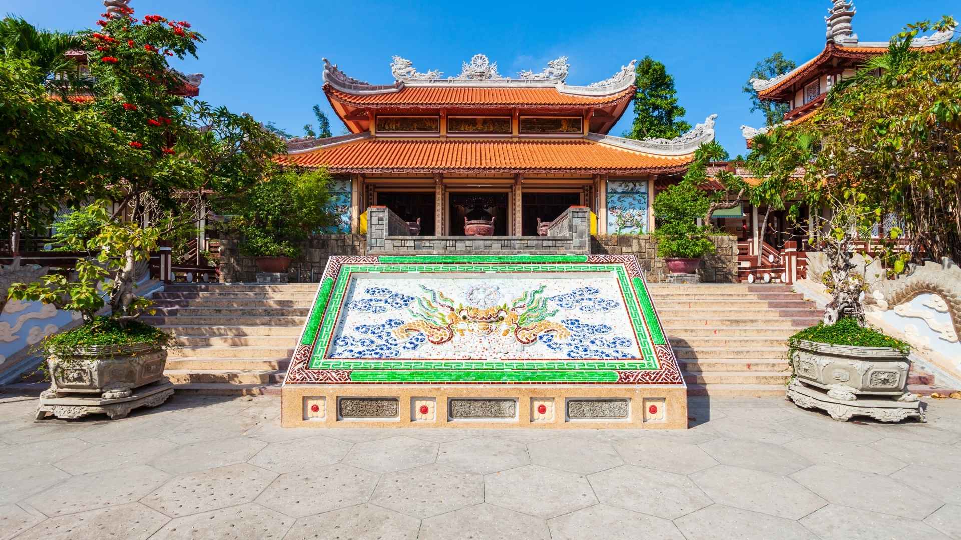 The Main Hall And Dragon Mosaics at long son pagoda in nha trang