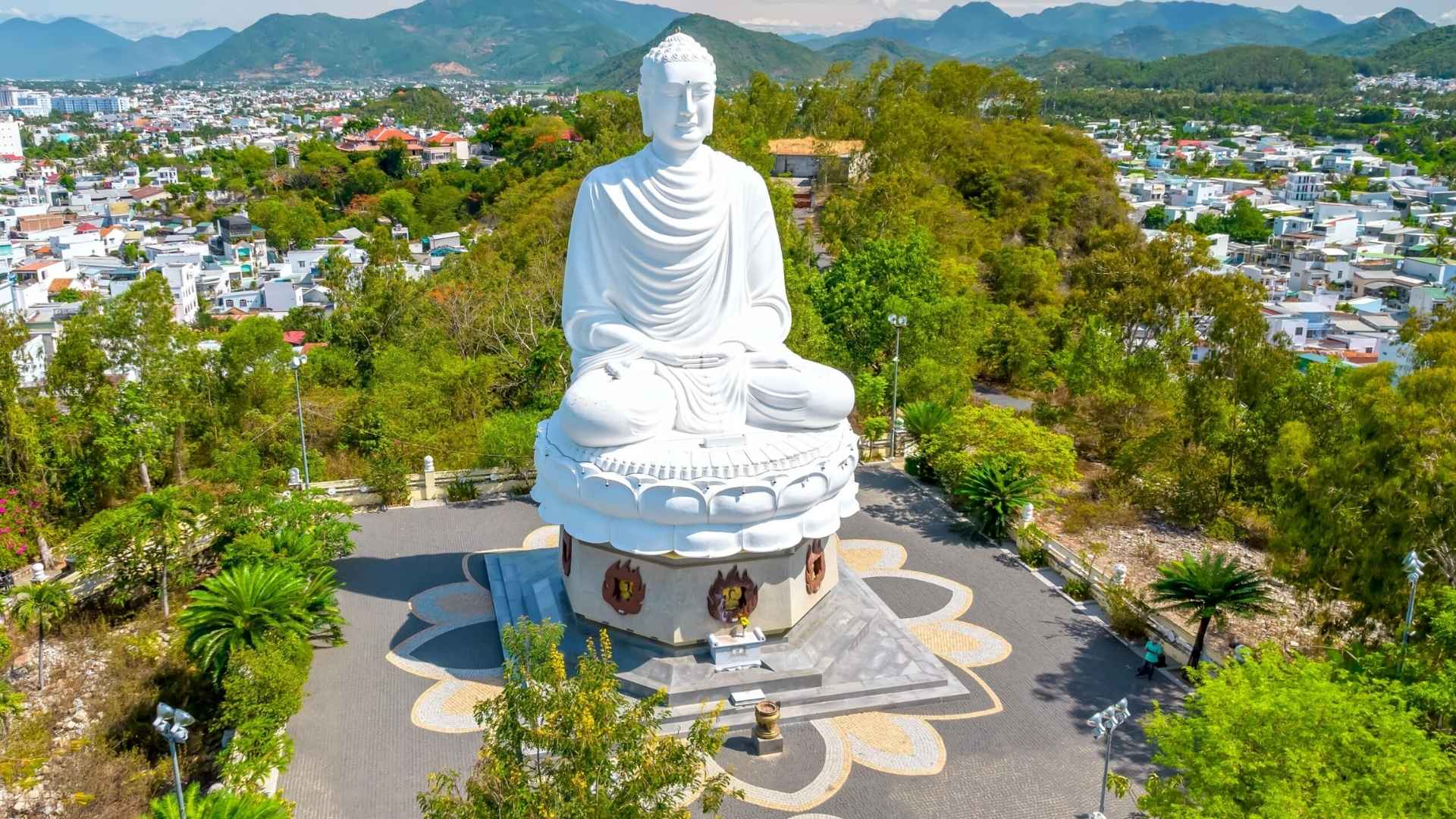The White Buddha At The Summit at long son pagoda in nha trang