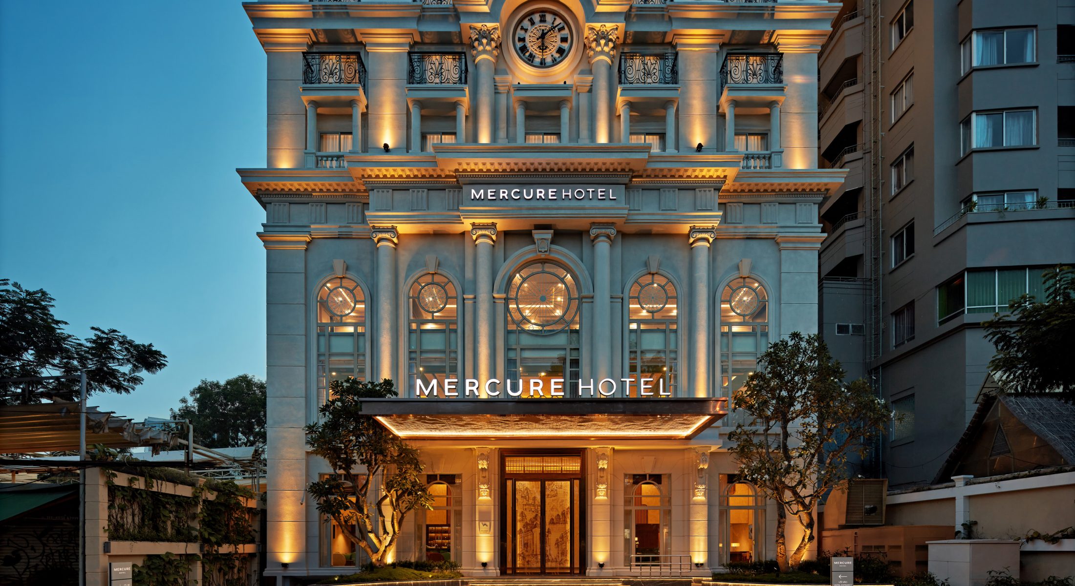 Mercure Nha Trang Beach Hotel illuminated exterior at night